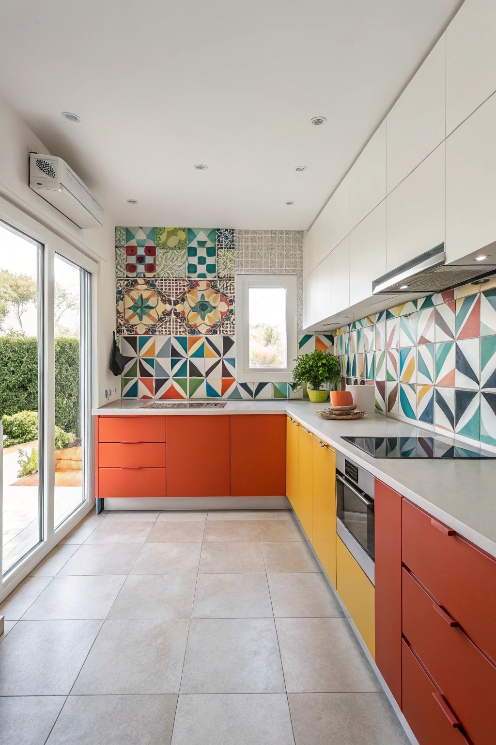A striking backsplash turns the kitchen wall into an artistic centerpiece.