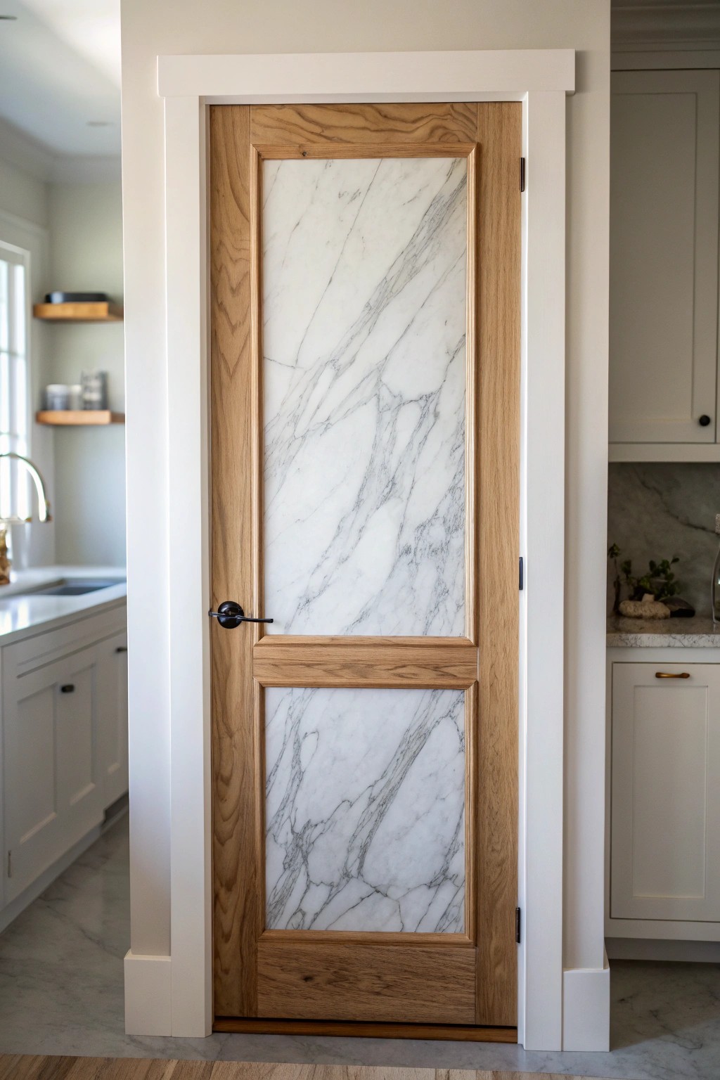 Elevate your pantry with a stunning marble-panel door—where craftsmanship meets natural elegance.