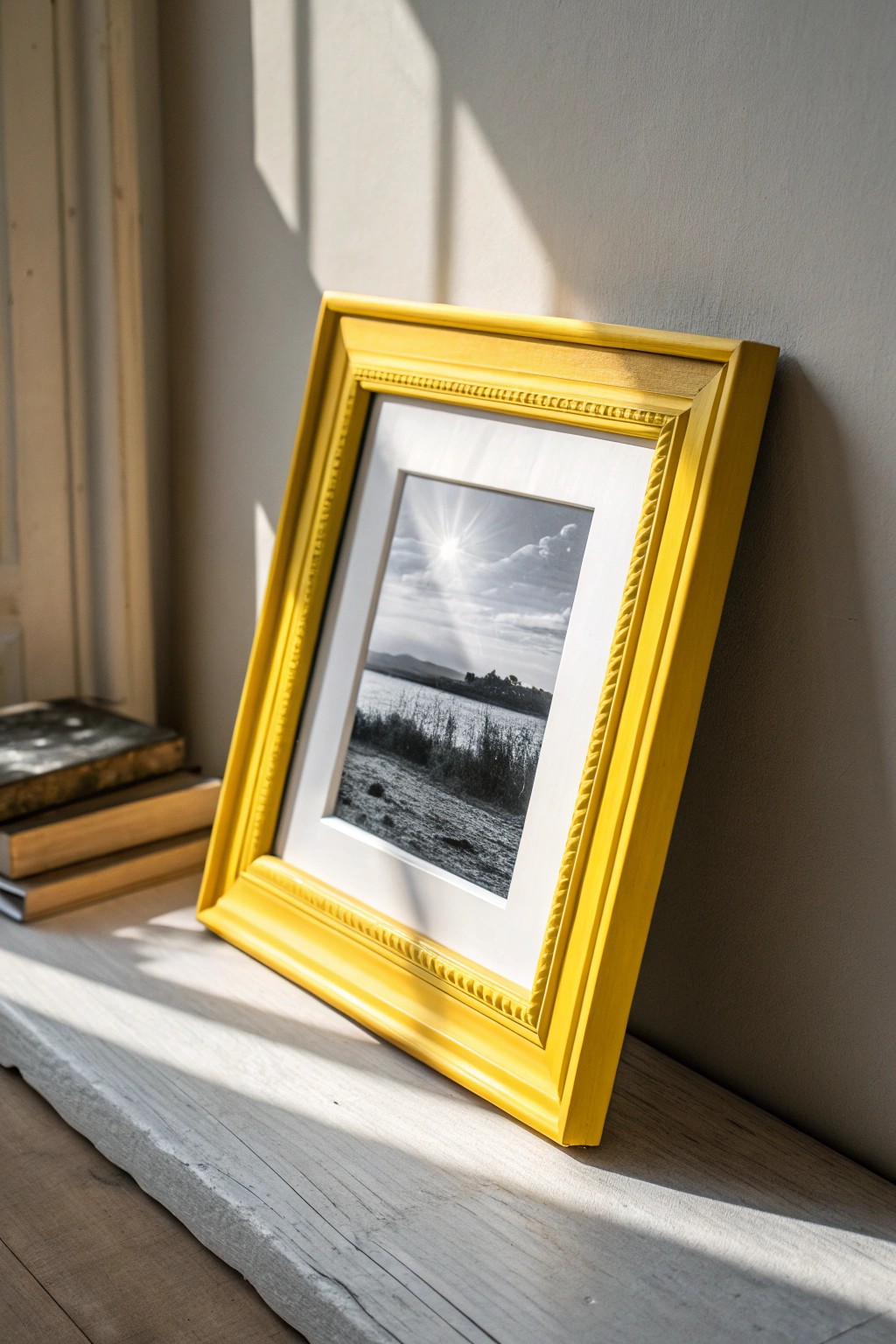 A vibrant yellow frame brings playful energy to a simple gallery wall.