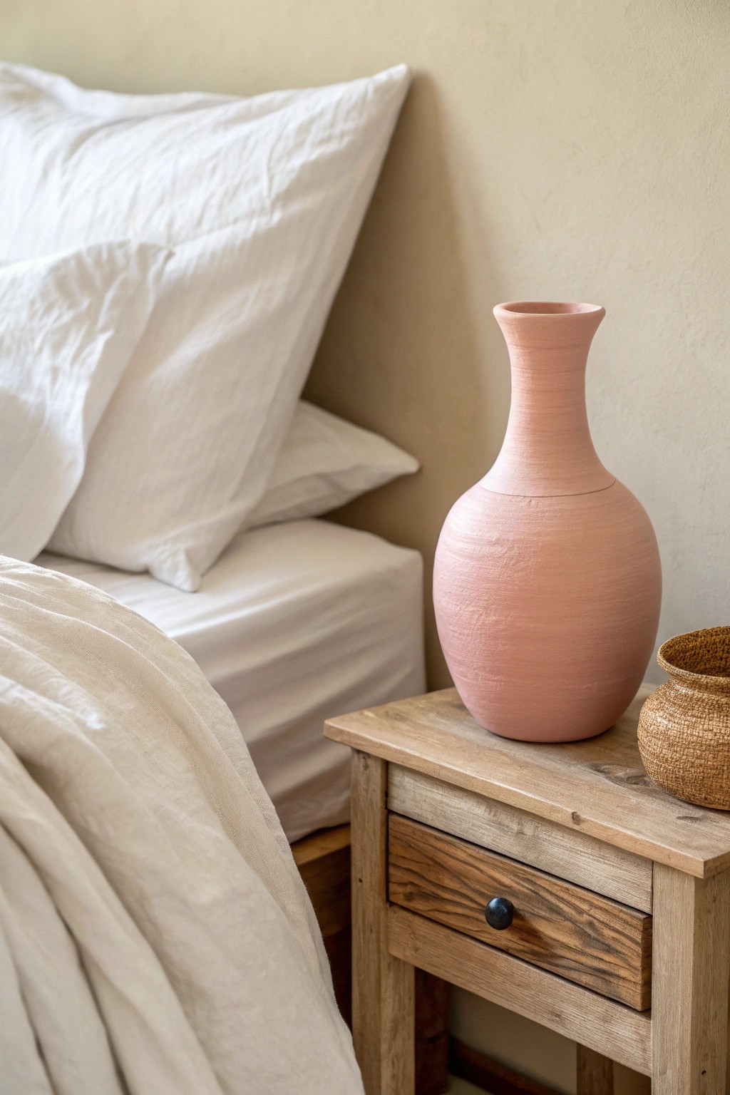 Soft pink meets serene neutrals—elevate your bedroom with handcrafted beauty.