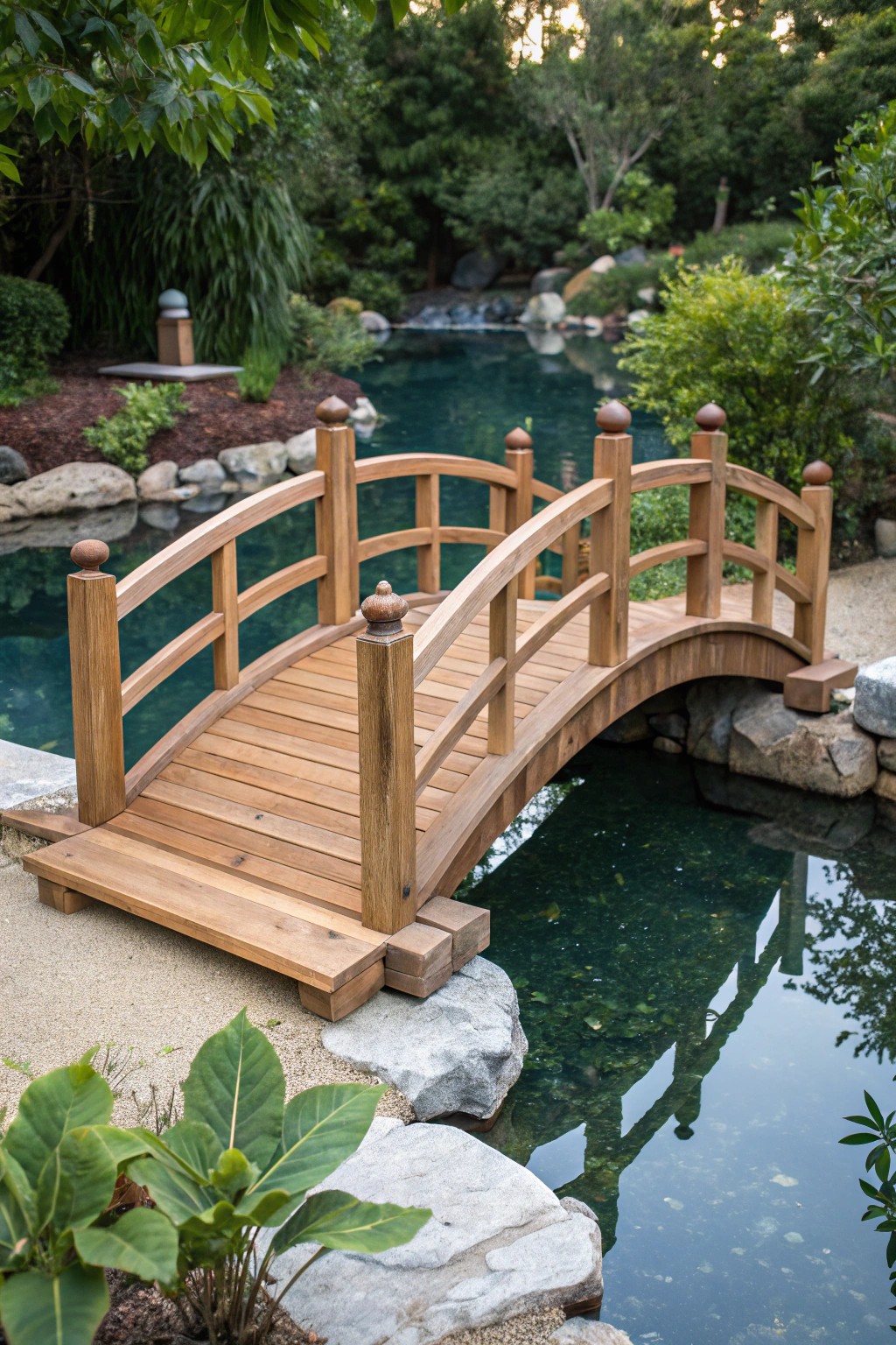 A handcrafted wooden bridge brings storybook charm to any pond.