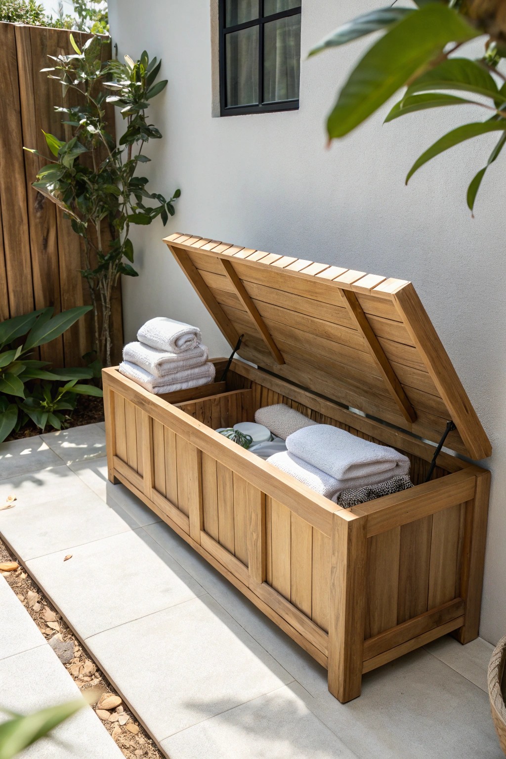 Effortless organization: a handcrafted bench with hidden storage brings beauty and order poolside.