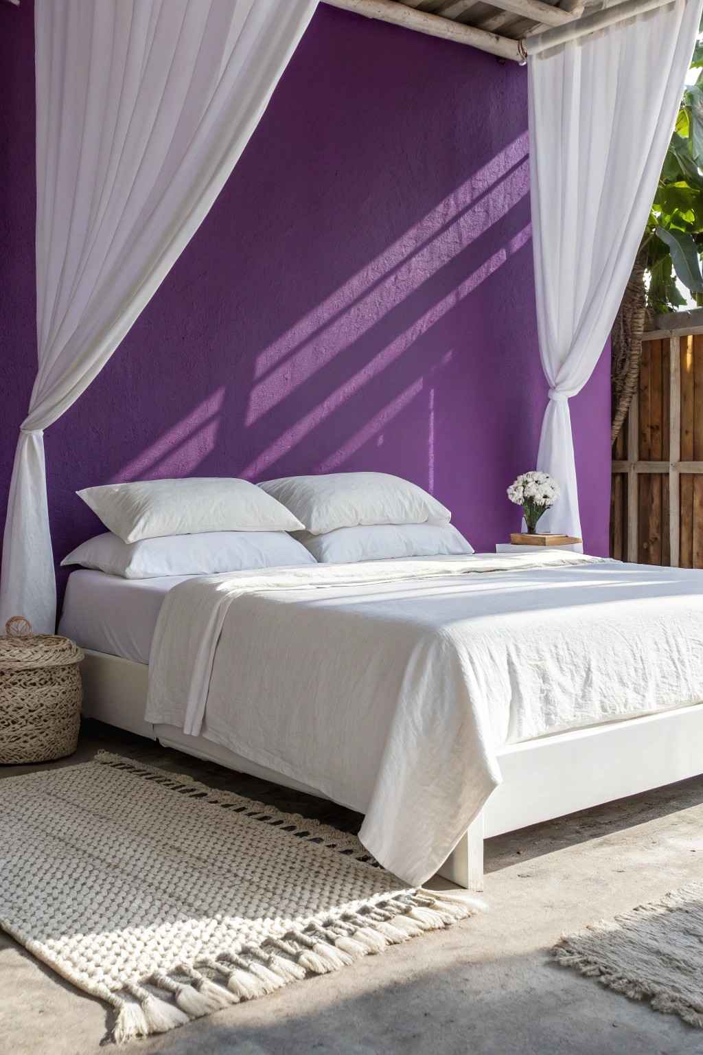 Fresh white bedding pops against a vivid purple wall for effortless balance.