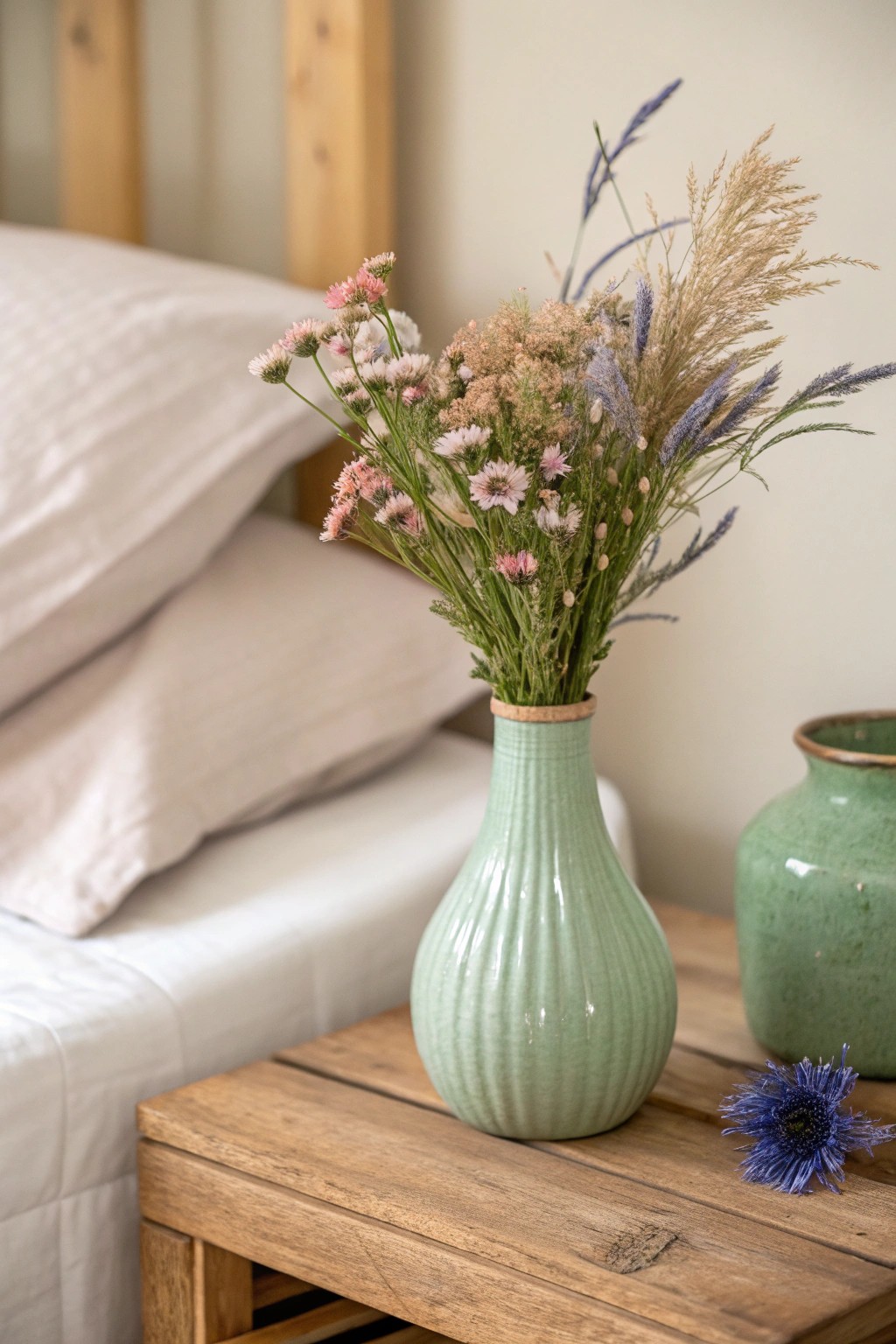 Unexpected color harmony: sage green meets blush pink and deep blue in serene bedroom style.