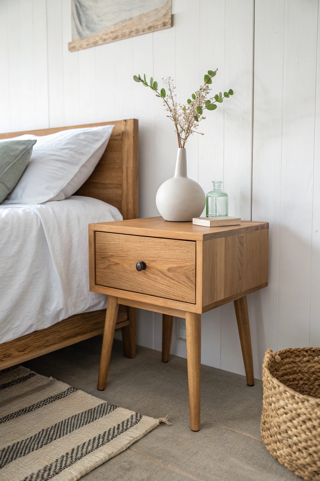 Minimalist bedside table: simplicity and calm for small shared spaces.