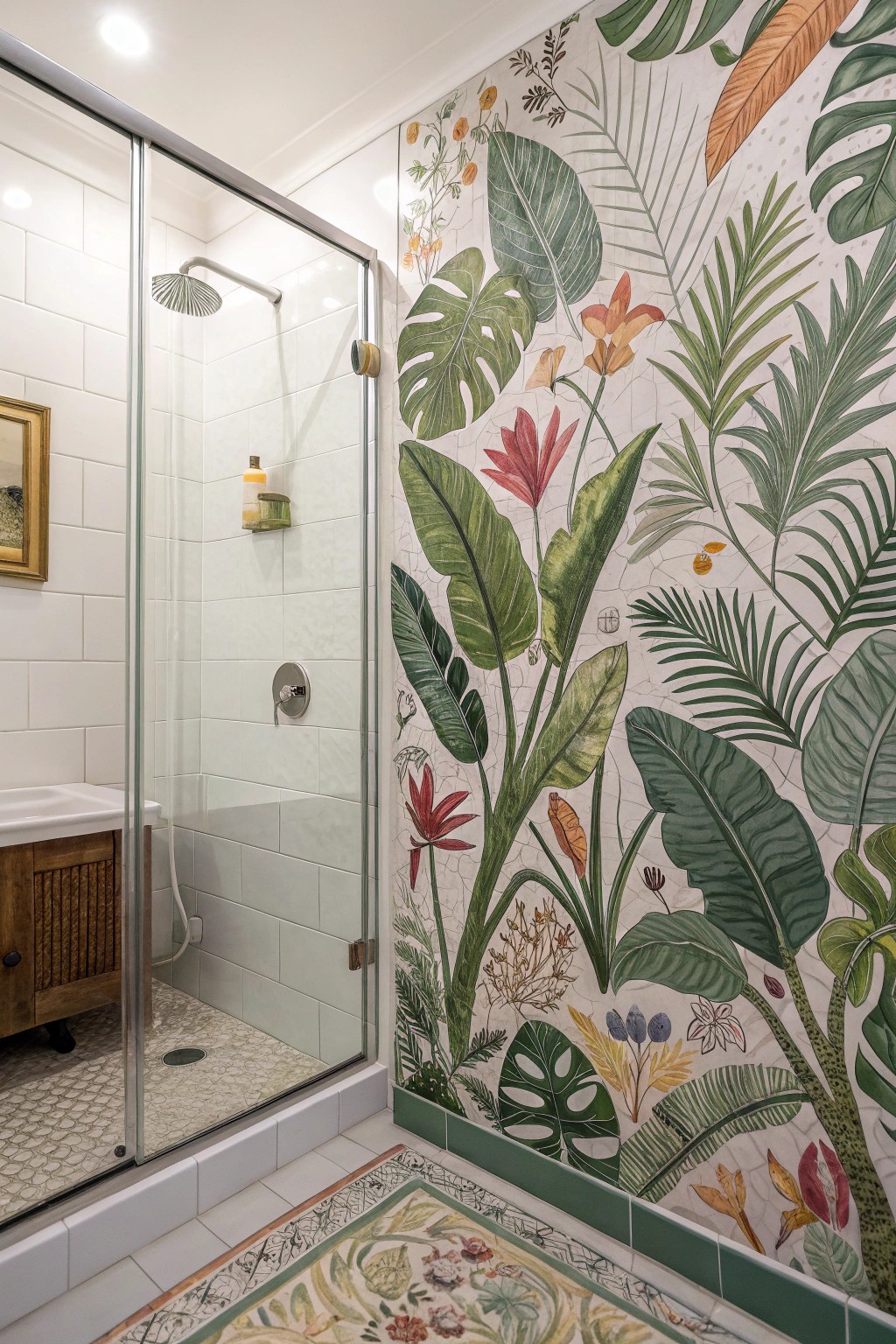 A botanical mural transforms your shower into an everyday work of art.