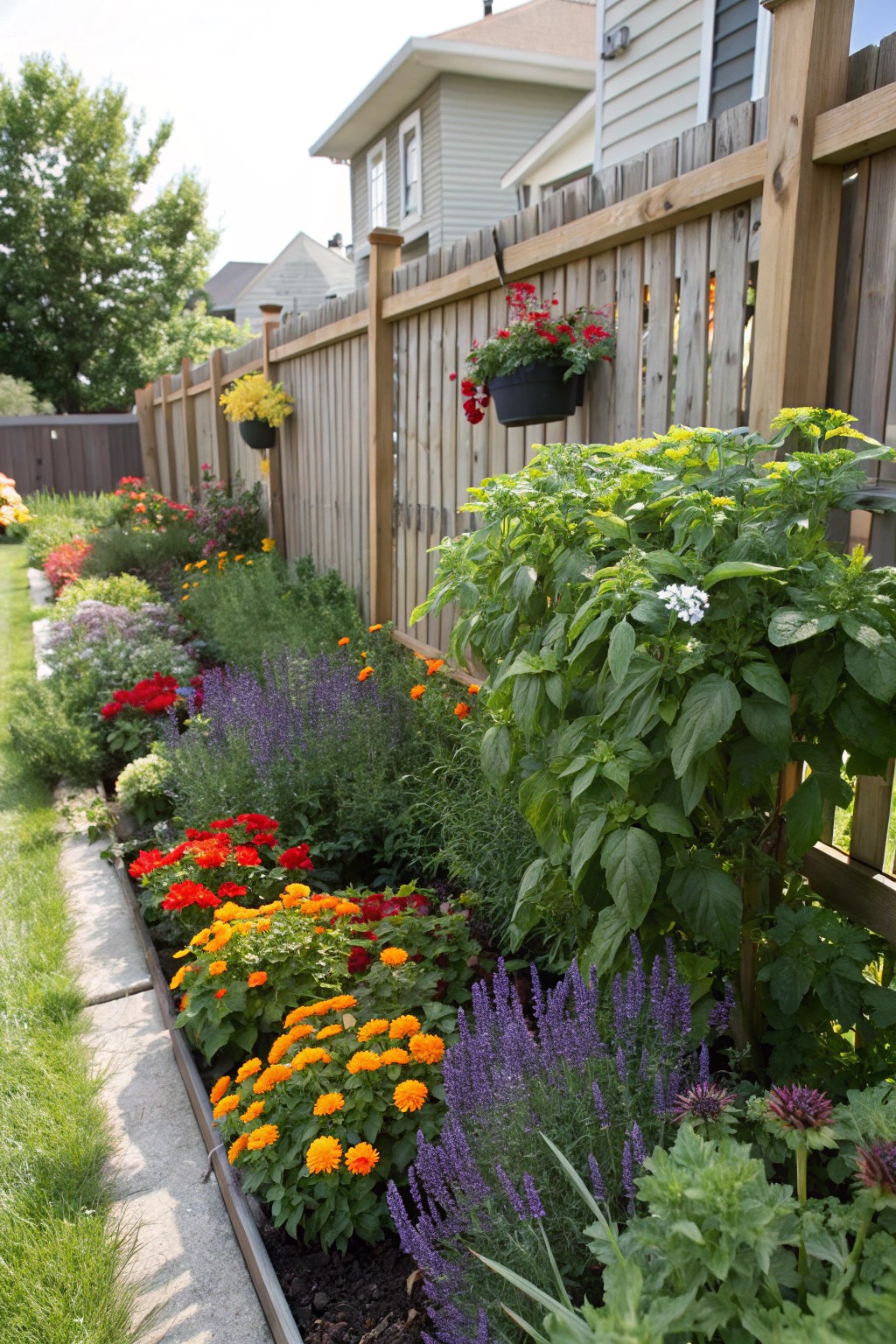 A mix of edibles and flowers creates a vibrant, useful fence border.