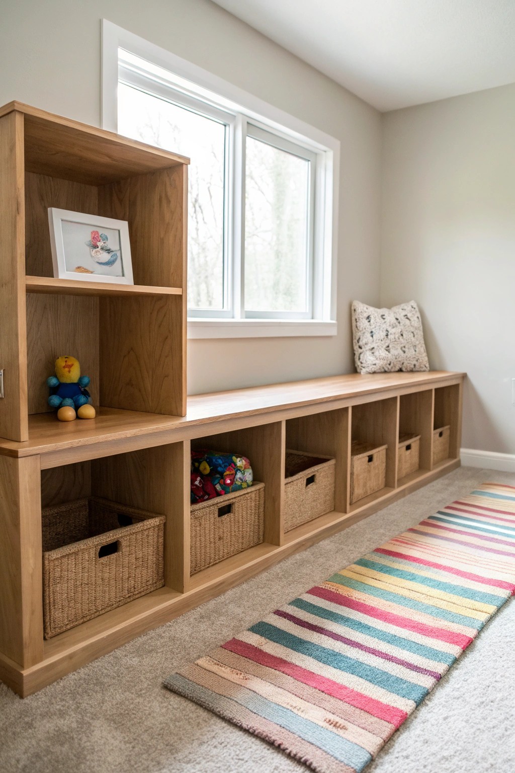 Chic built-in cubbies: the heart of a playful, organized kids’ basement zone.