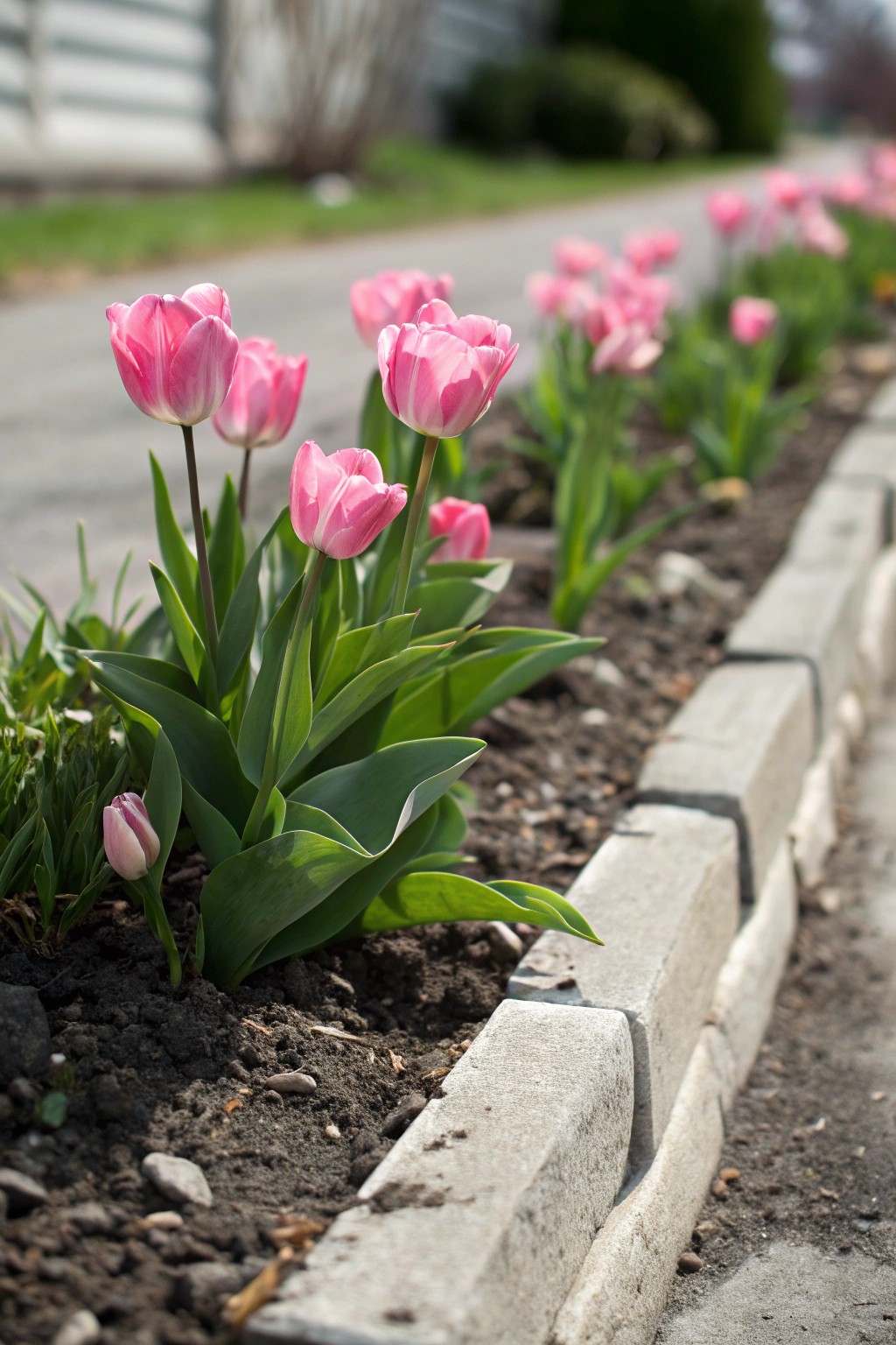 Monochrome magic: a simple pink flower bed for effortless curb appeal.