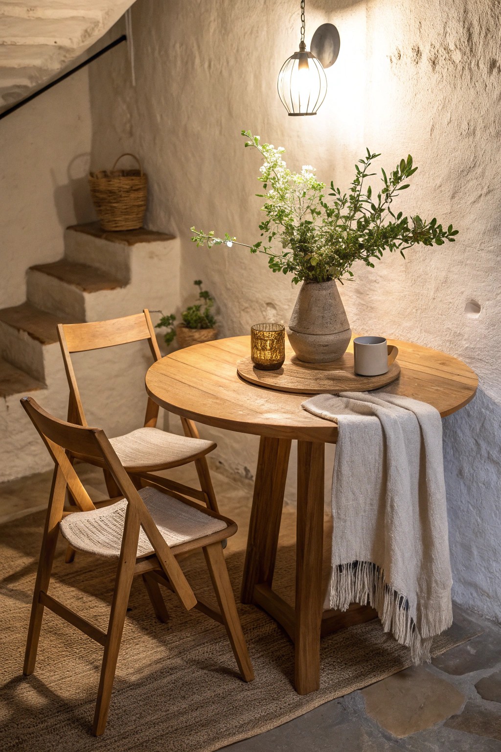 Make a cozy basement corner shine with a beautifully crafted small round table—perfect for meals or game nights.