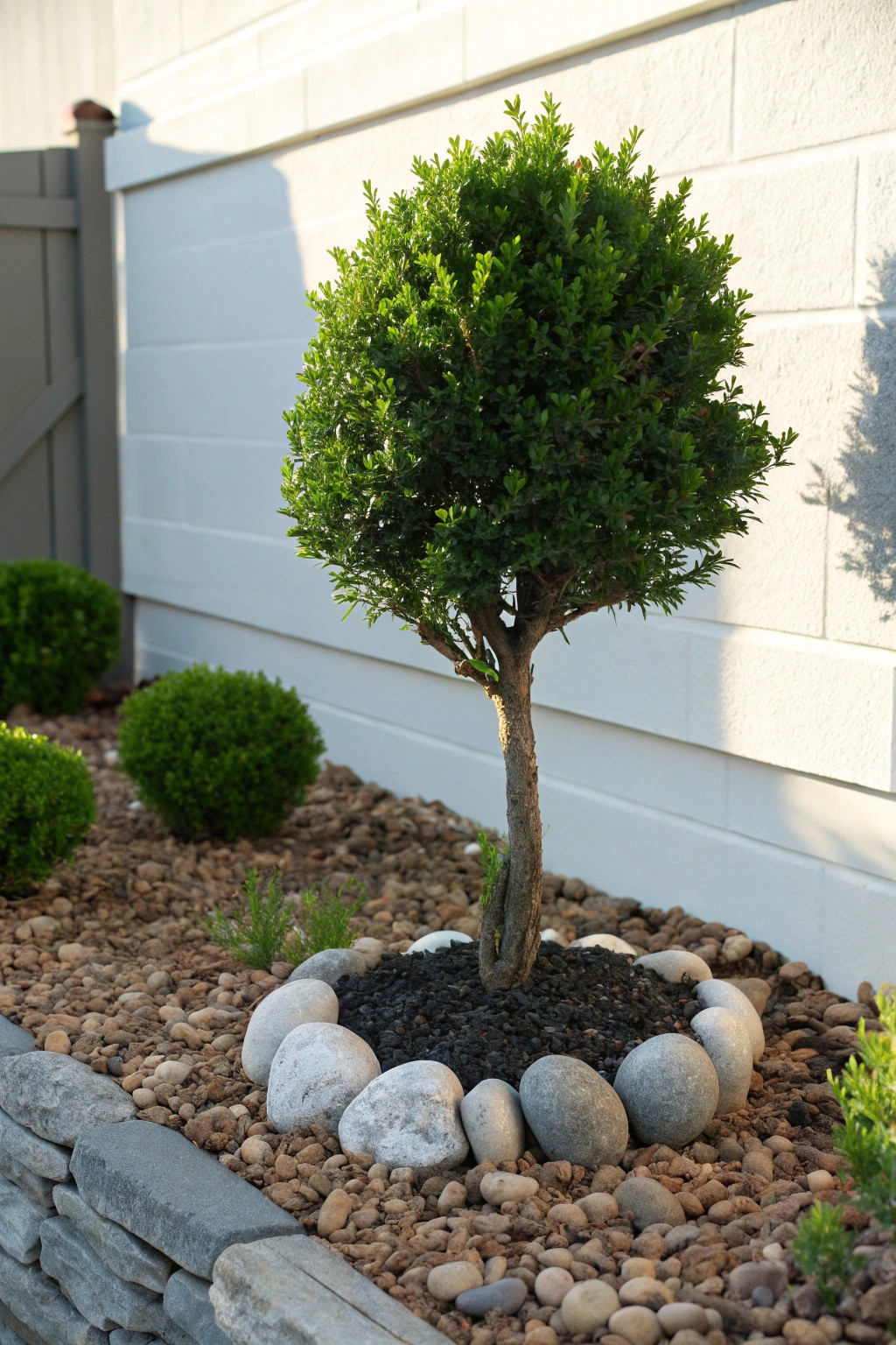 Year-round curb appeal: The beauty of a single evergreen shrub.