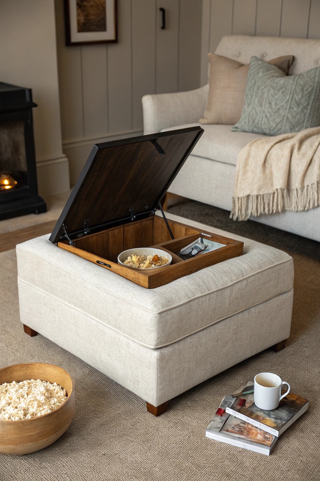 Chic and functional: this natural linen ottoman is the hidden star of small home theaters.
