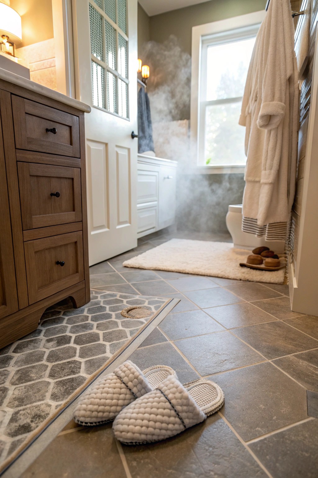 Cozy heated floors bring warmth and comfort to a petite master bath.