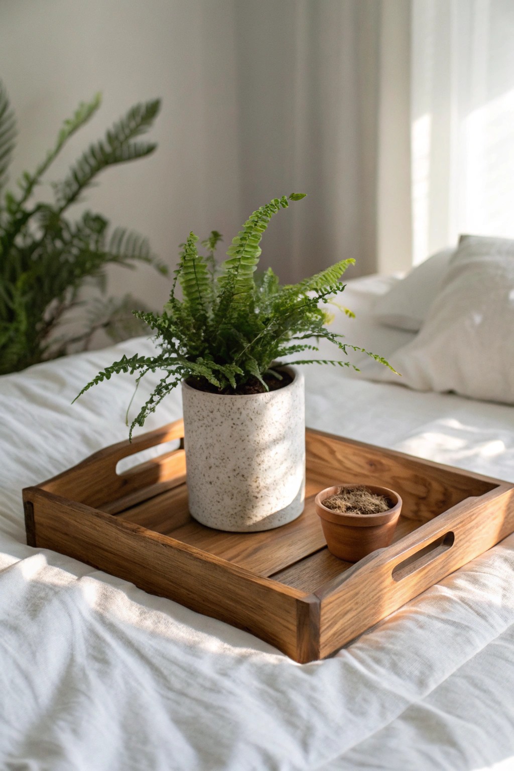 Bring calming nature into your bedroom with a simple wooden tray and a potted fern.