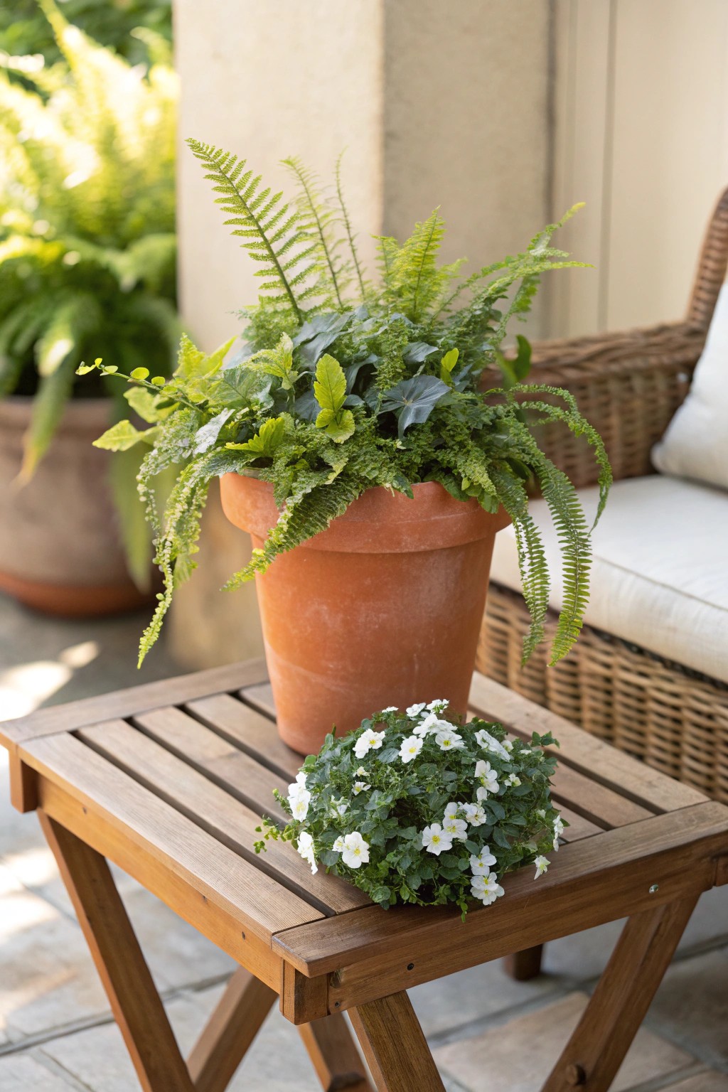 Effortless patio lushness: blend real and faux plants for a budget-friendly, natural look.