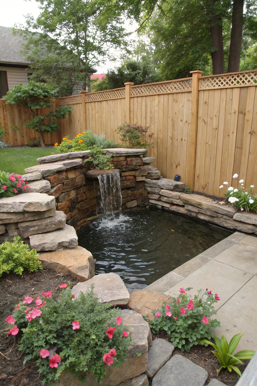 A vertical wall waterfall creates a stunning backdrop for a compact pond.