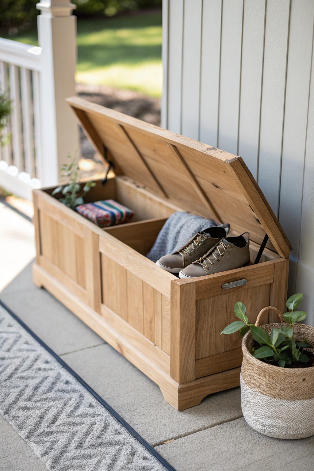Sleek storage meets style—maximize your small porch with a beautiful, handcrafted bench.