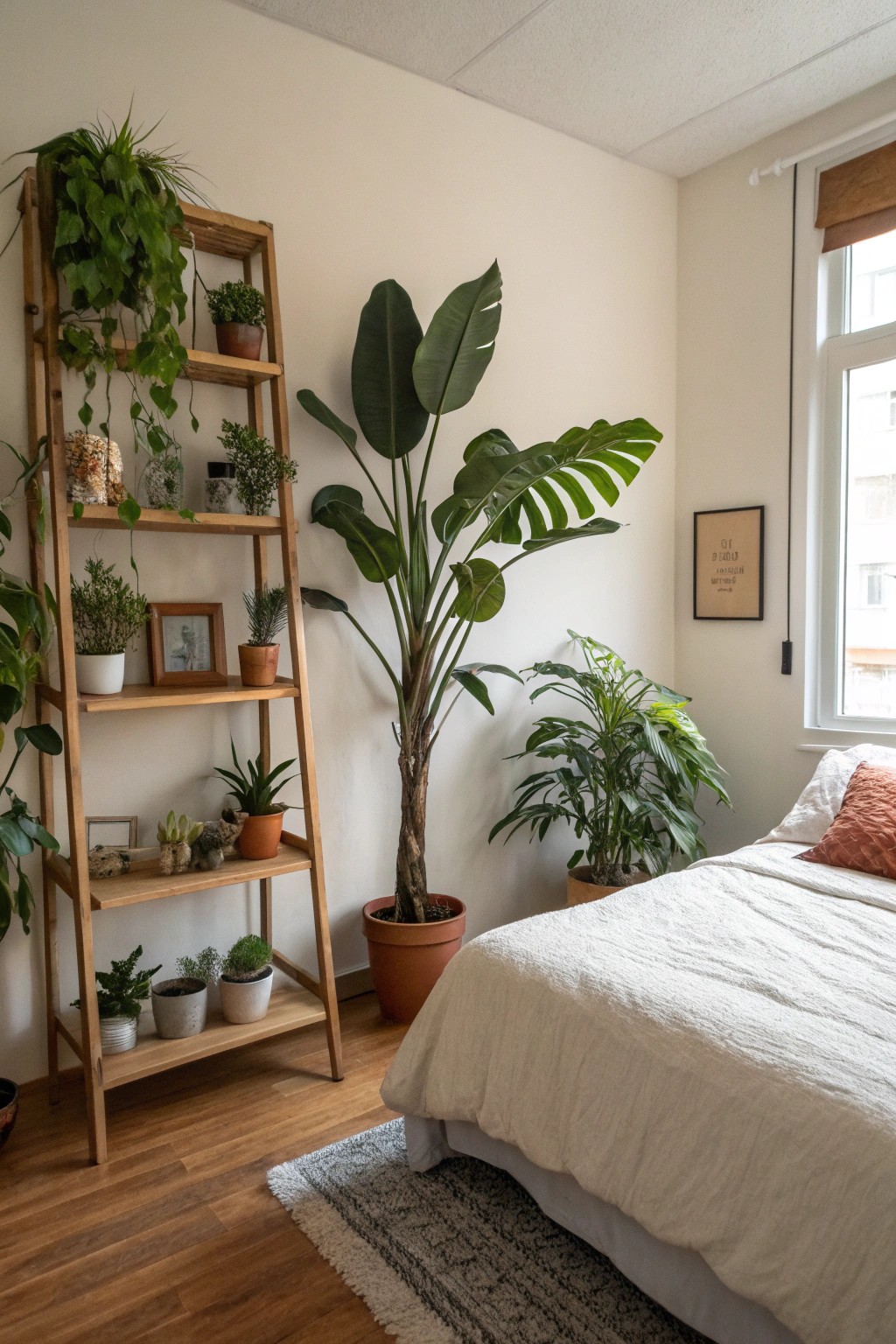 Vertical greenery enlivens a compact studio environment.