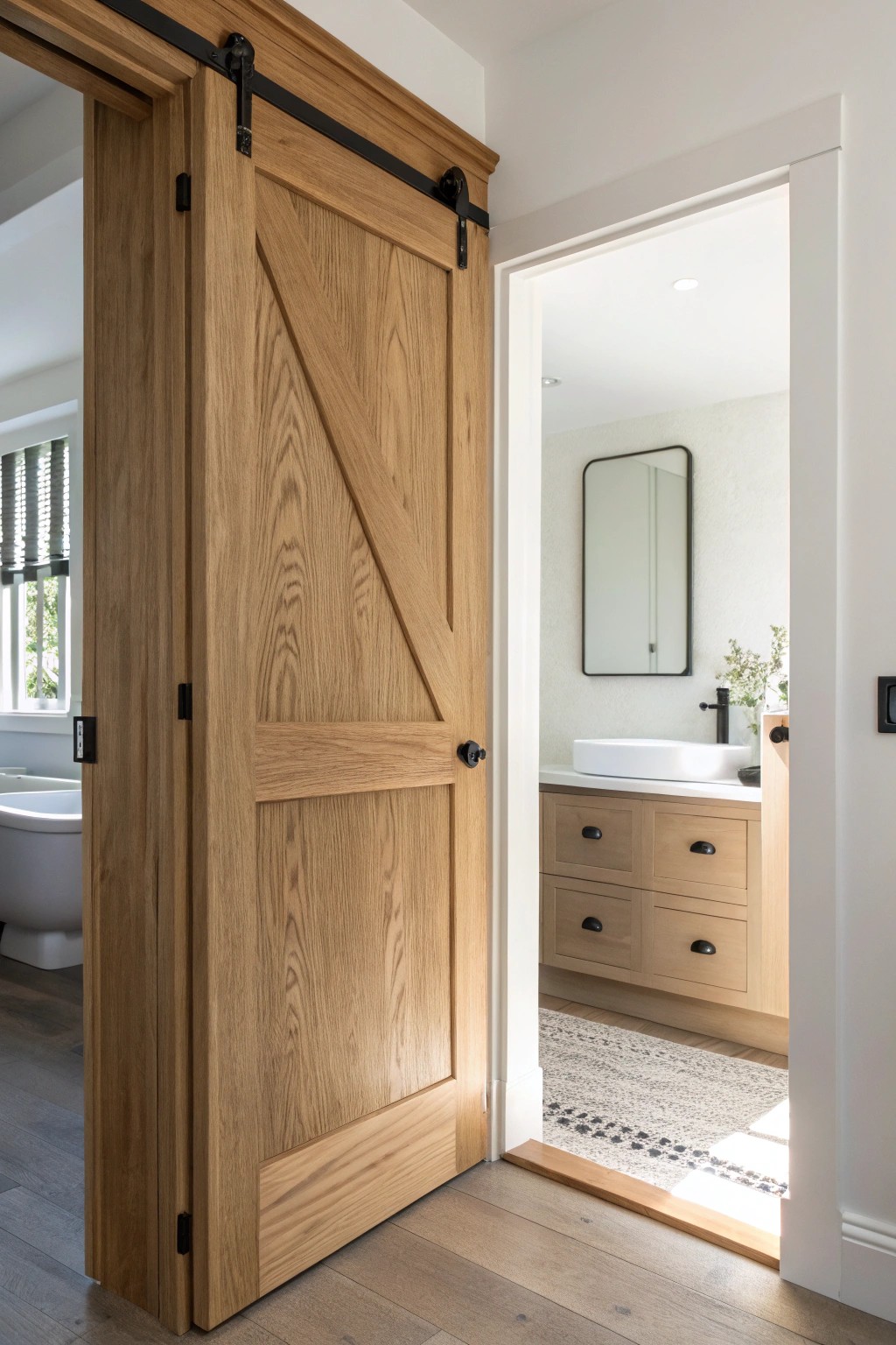 Save space in style with a handcrafted pocket door—perfect for small bathrooms.