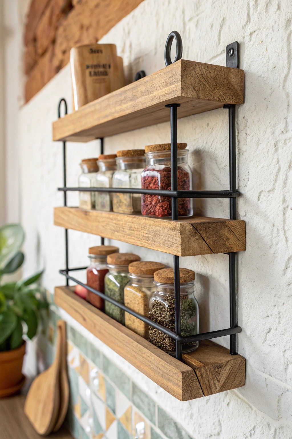 Elevate your kitchen with the timeless charm of a rustic metal and wood spice rack.