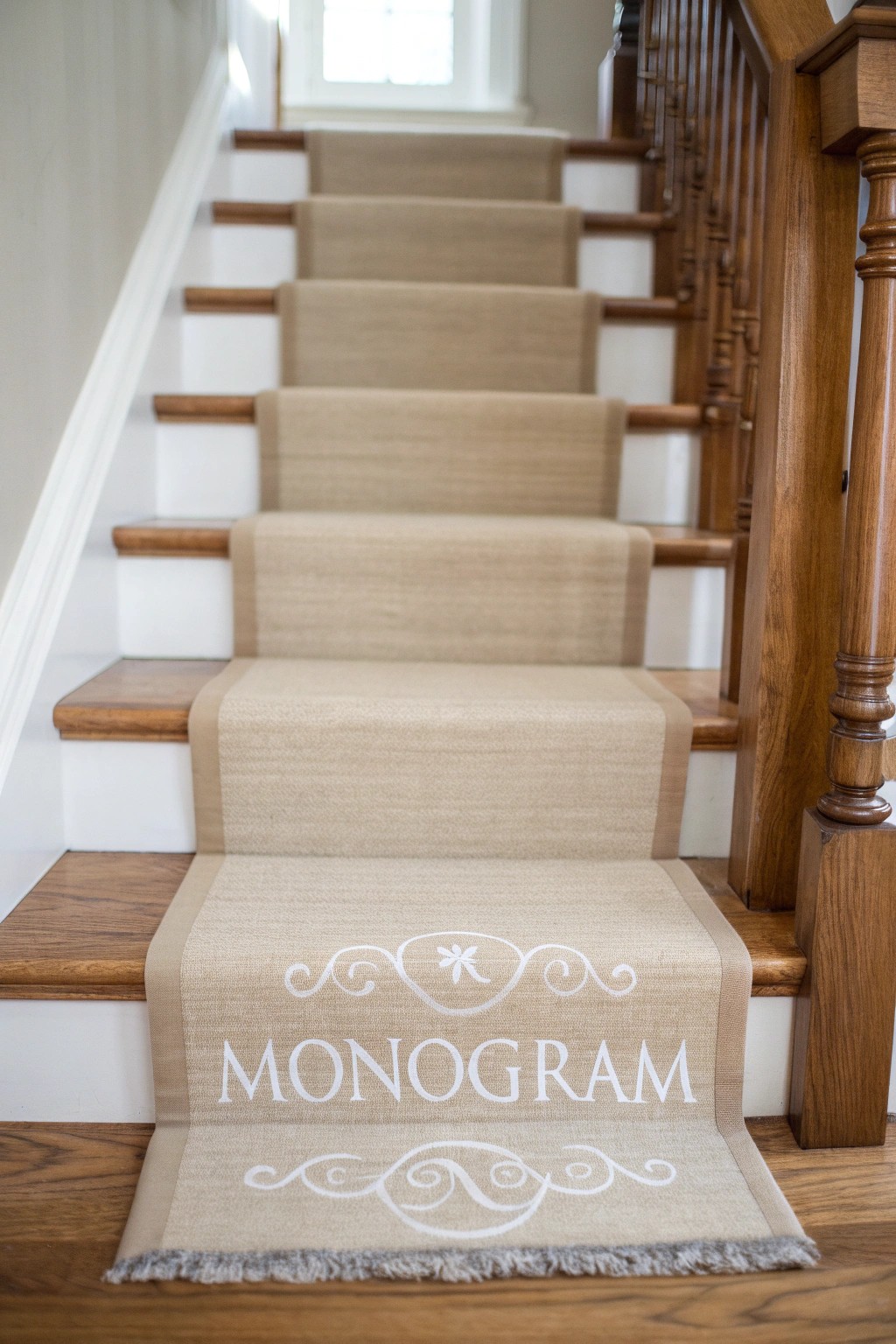 Elevate your staircase with a custom monogram runner—where craftsmanship meets personal style.