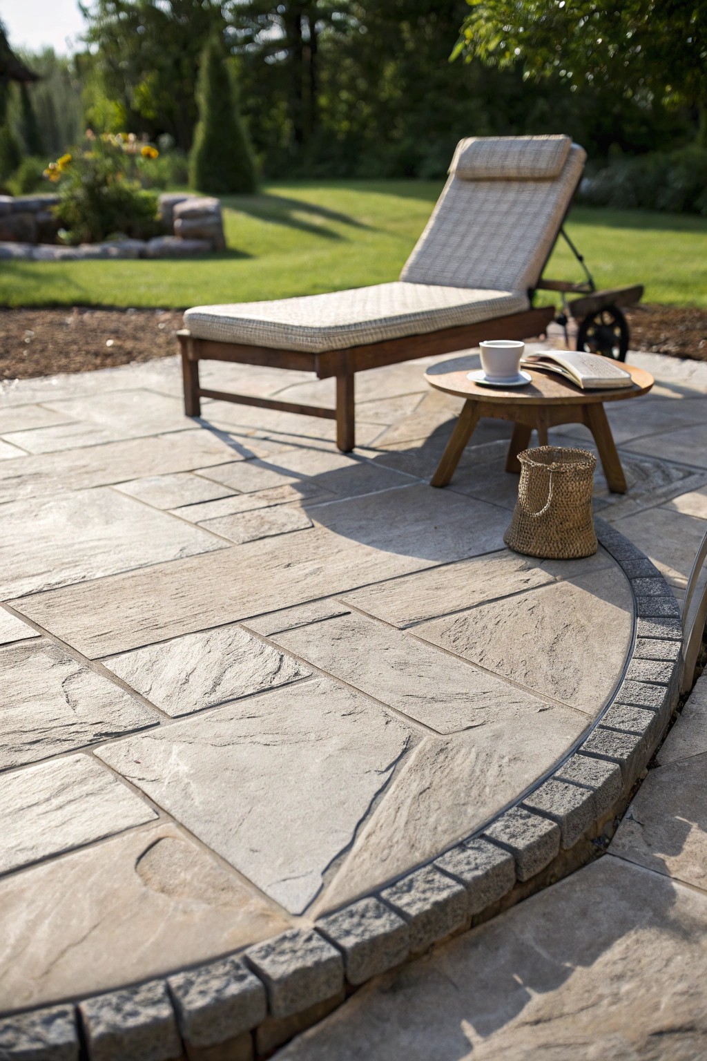 Create inviting outdoor living zones with artisanal stamped concrete details.