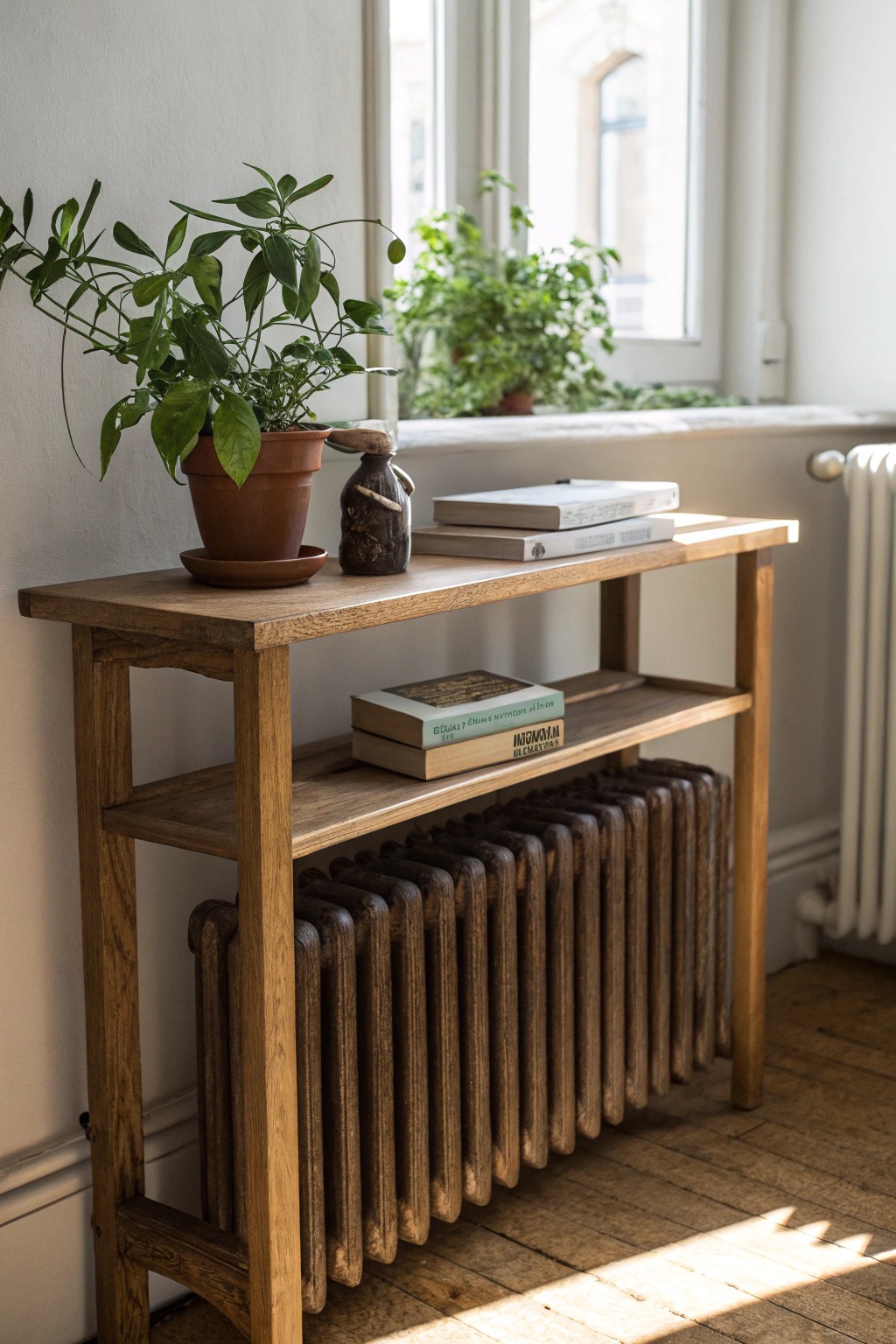 Turn your radiator into a stunning storage nook with a handcrafted wooden shelf.