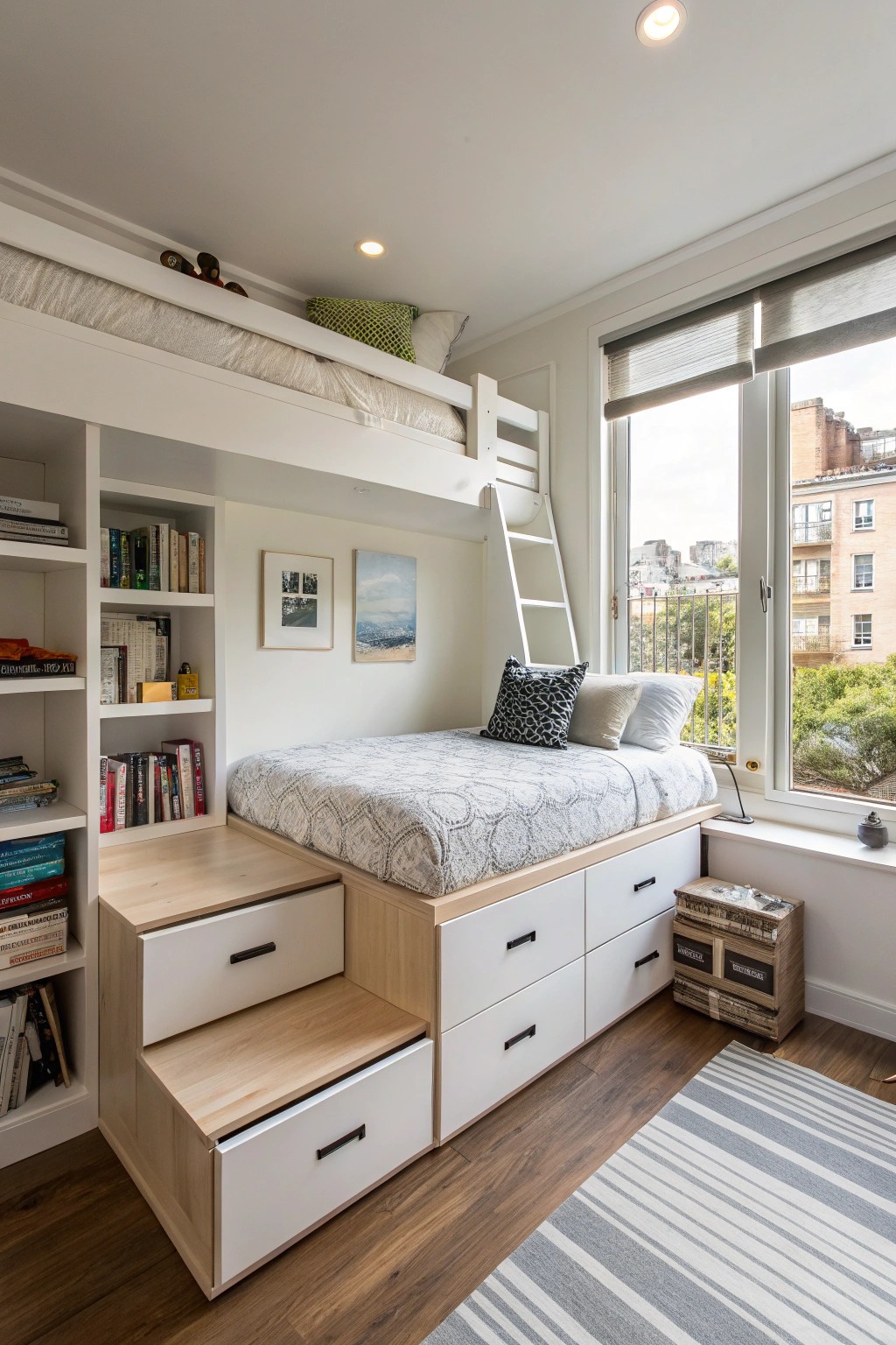 Under-bed and bench storage cleverly conceal everyday essentials.