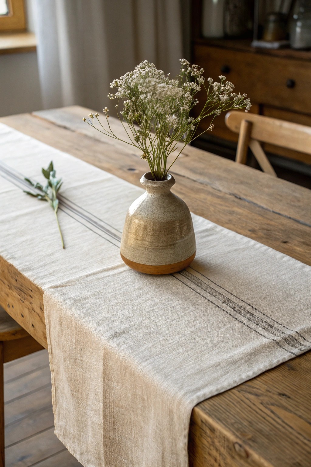 Effortless elegance: a linen runner with handcrafted accents for a timeless table.