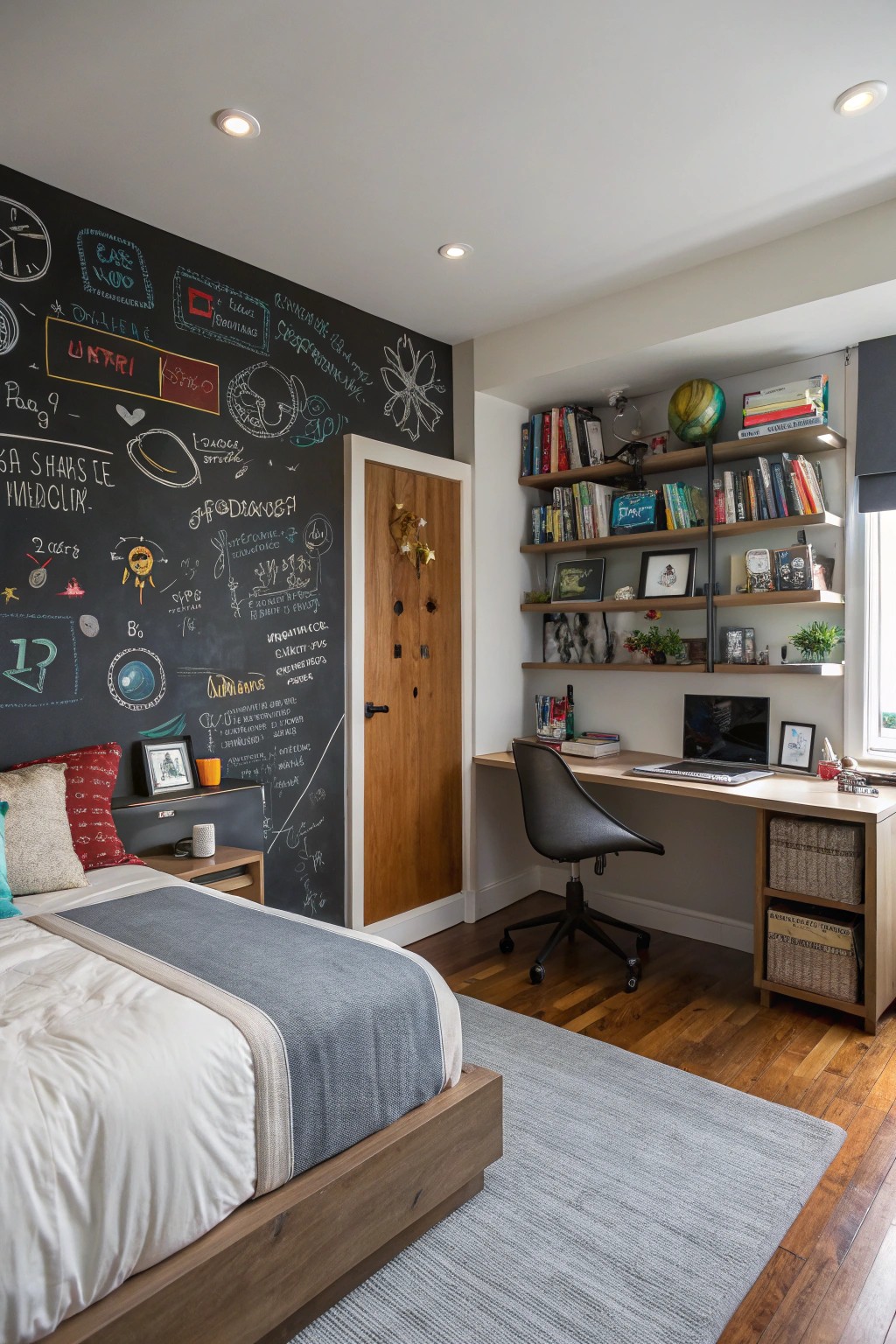 Chalkboard and magnetic walls invite creativity and practical organization.