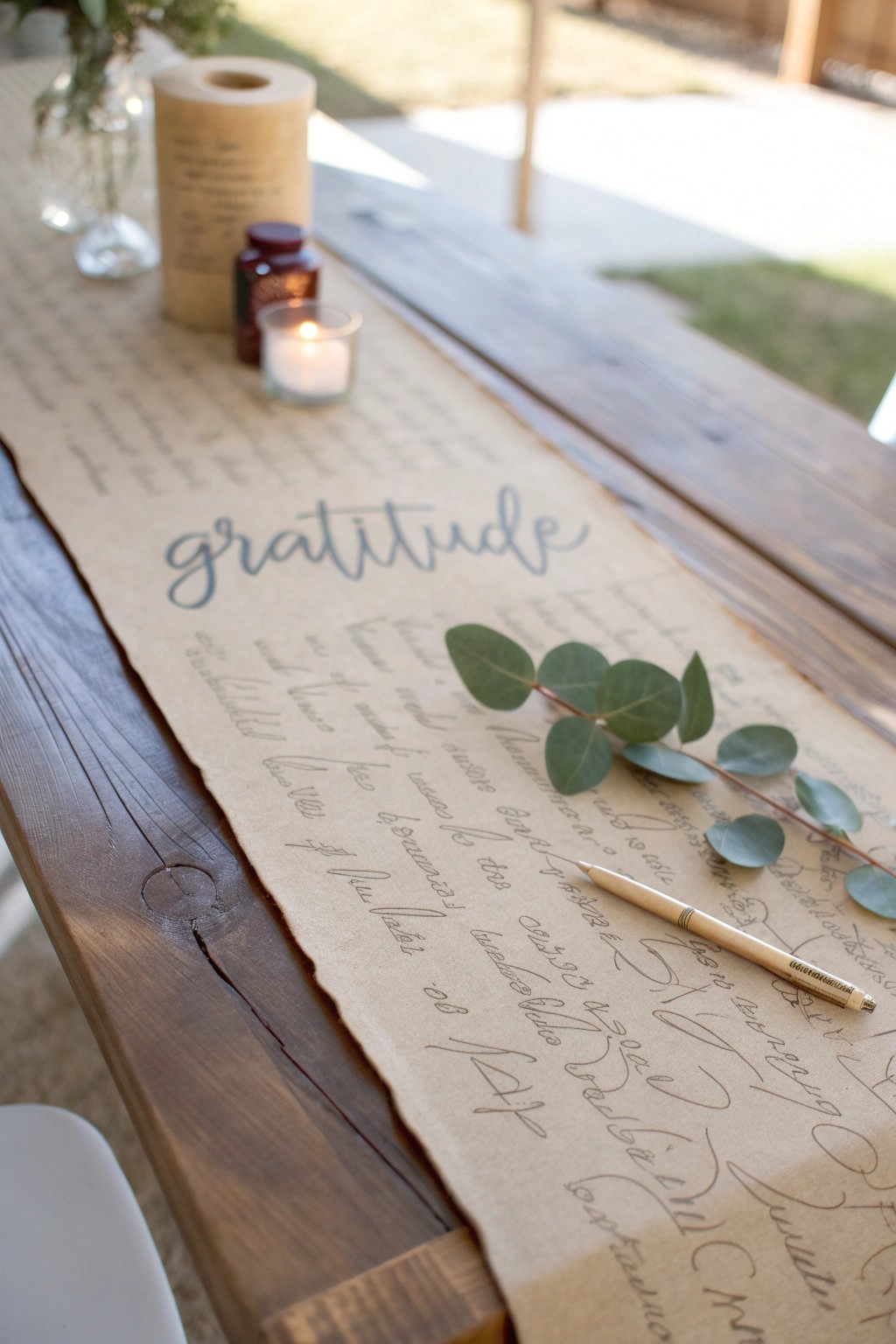 Invite gratitude with a simple, handwritten table runner centerpiece.