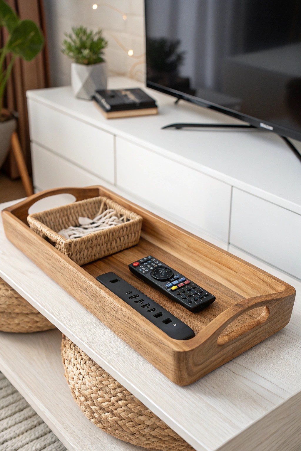 Effortless organization: Conceal clutter with a handcrafted tray for a serene TV space.