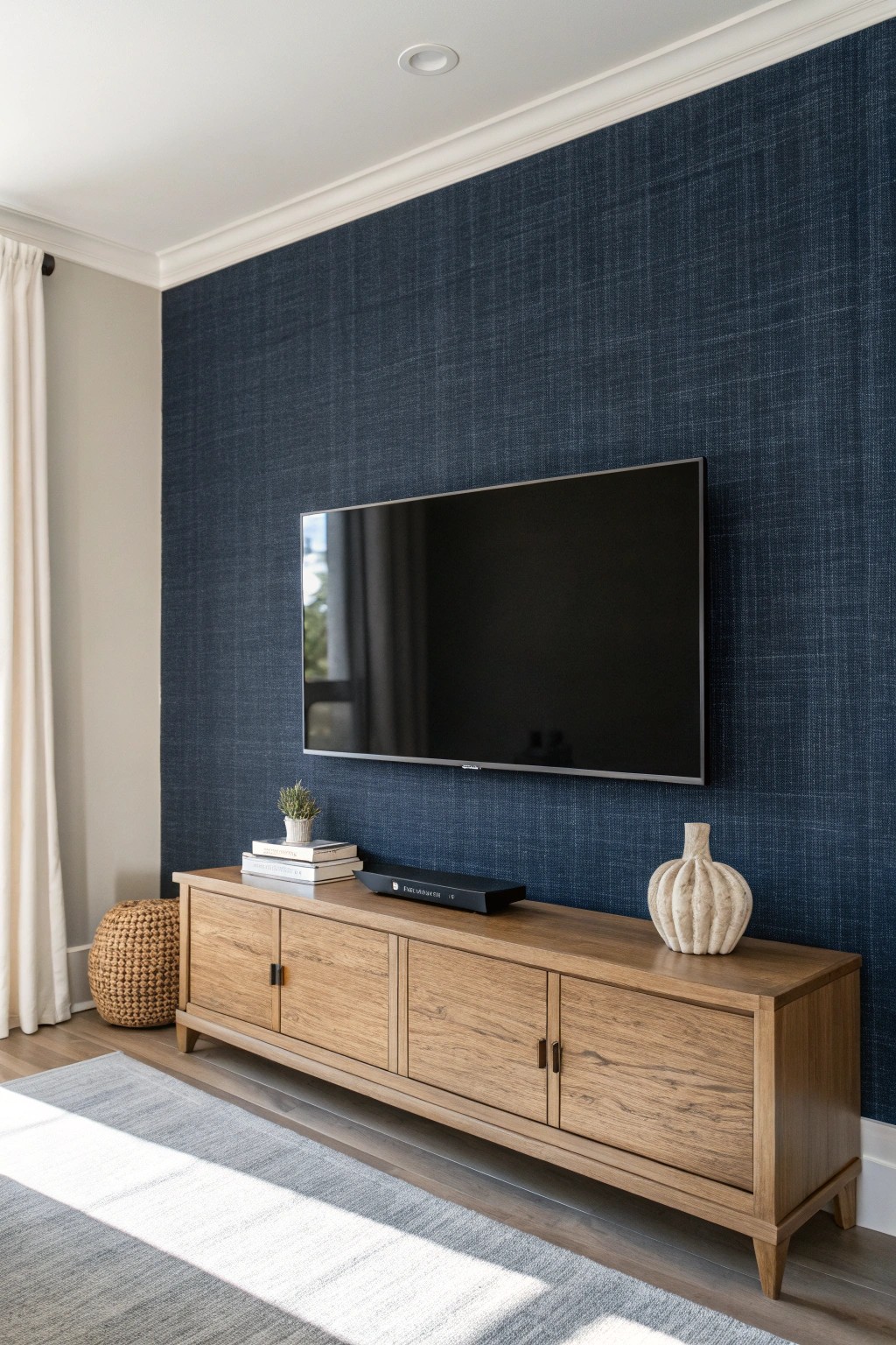 Elevate your TV wall with deep navy grasscloth for effortless texture and timeless style.