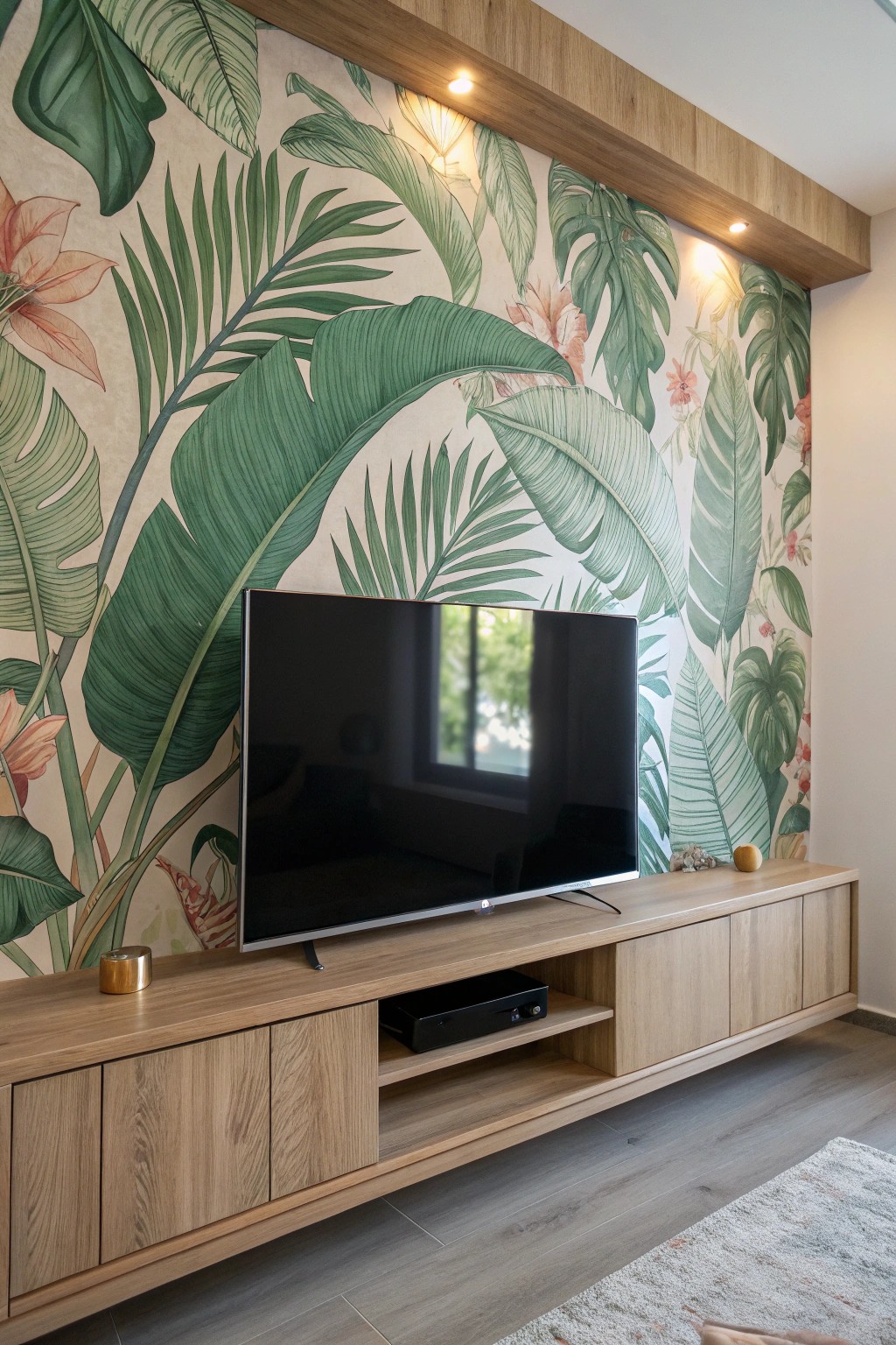 Elevate your space: A bold botanical wall brings your TV display to life.