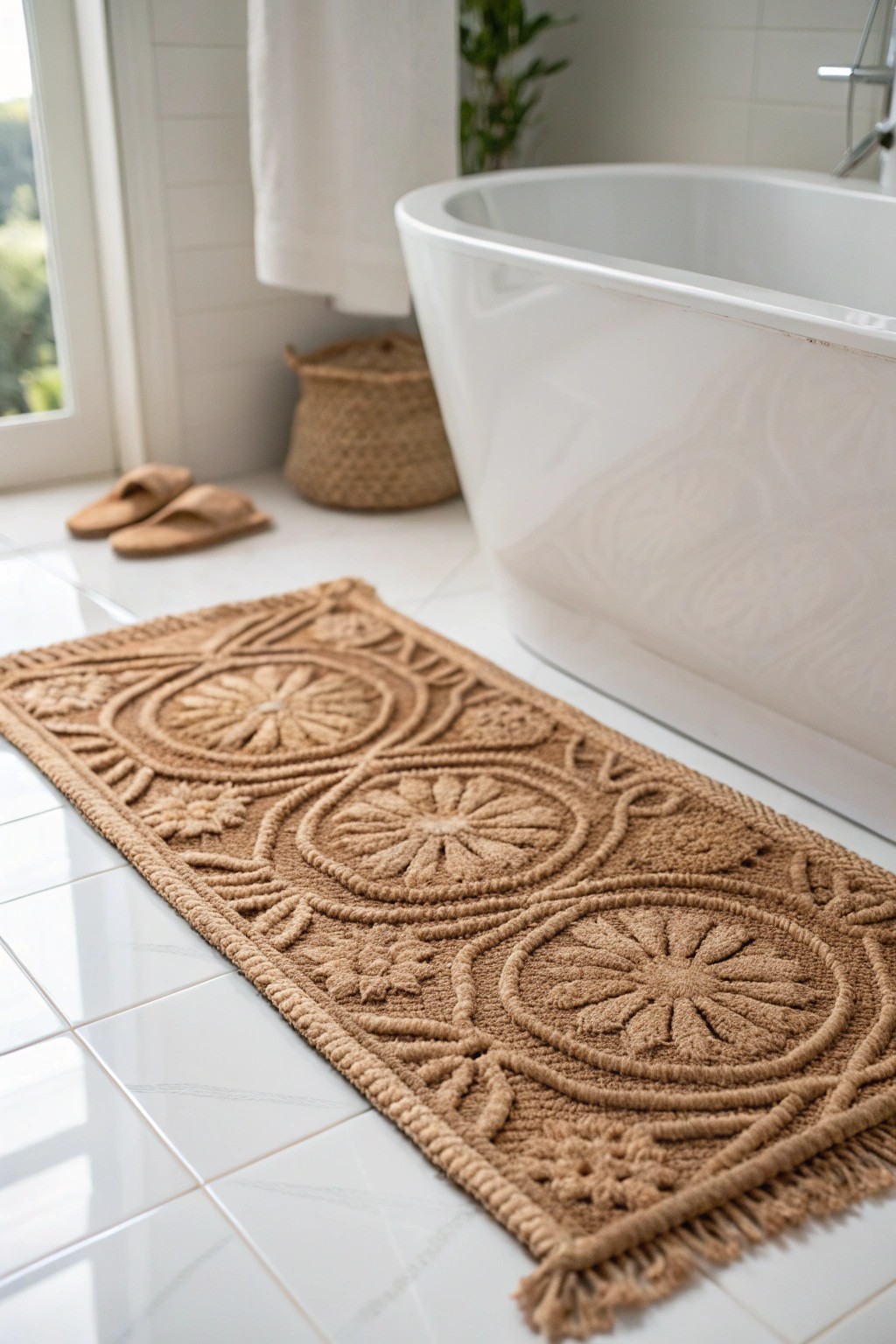 Transform your white bathroom with a stunning handcrafted rug—where simplicity meets soulful style.