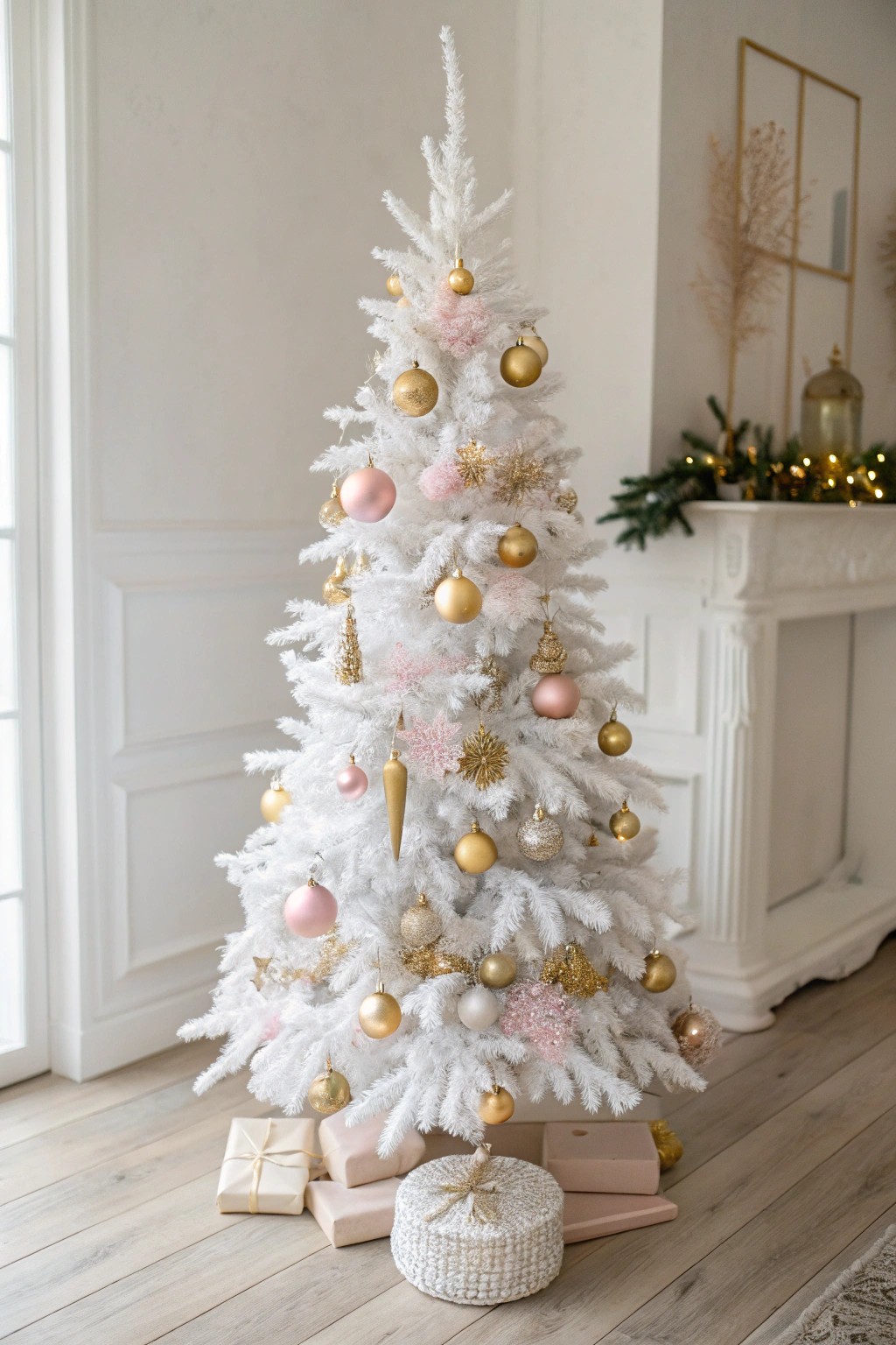 Refined French country Christmas: a white tree with gilded pears and blush accents.