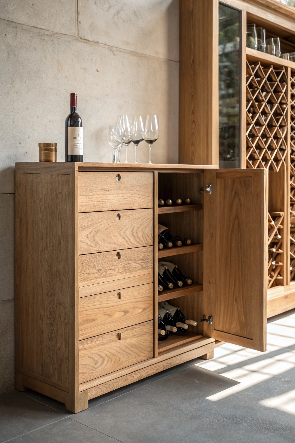 Effortless elegance: custom wood drawers keep every wine cellar detail beautifully organized.