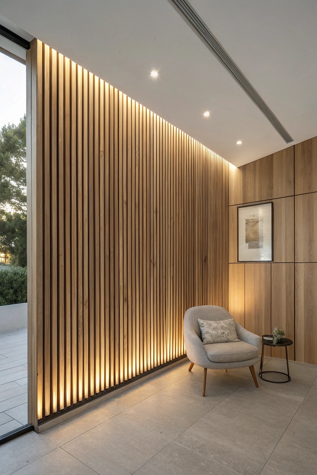 Elevate your space with a stunning wood accent wall and integrated lighting—where craftsmanship meets cozy ambiance.