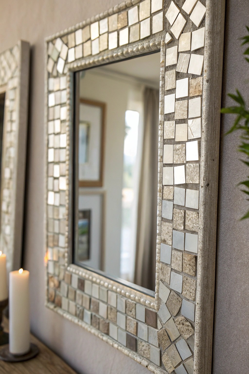 Handcrafted mirror mosaic backdrop: where artistry meets light and space.