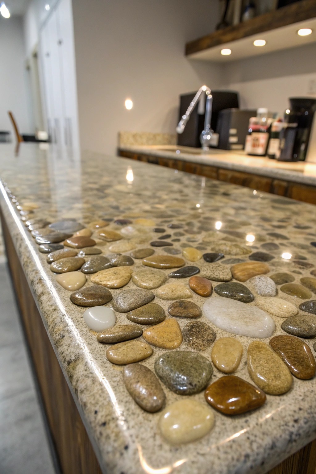 Bring the outdoors in with a stunning pebble inlay bar top—where natural beauty meets artisan craftsmanship.
