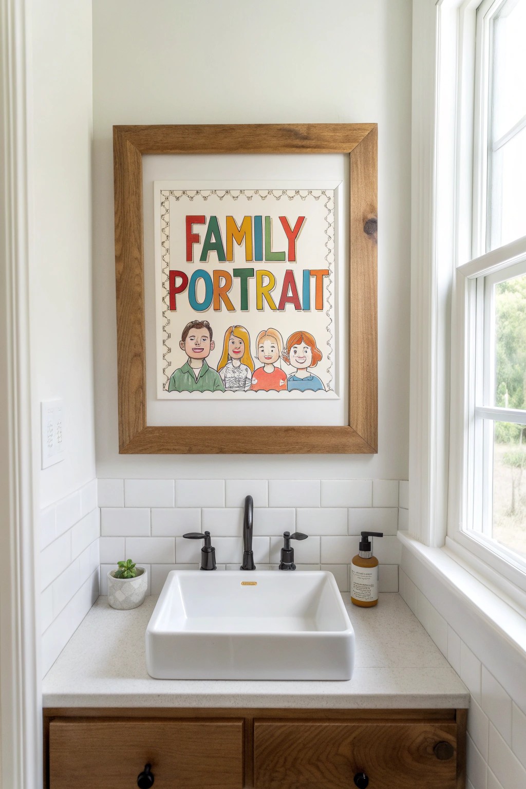 Bring joy to your bathroom with a custom, playful family portrait as stunning wall art.