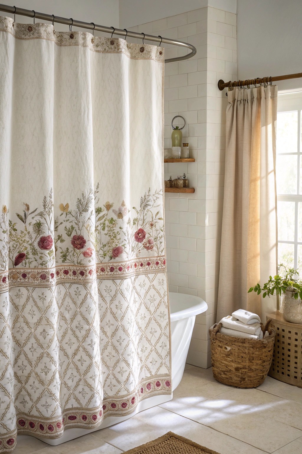 A beautifully crafted curtain blends florals and geometrics—an artful touch for an eclectic bathroom.