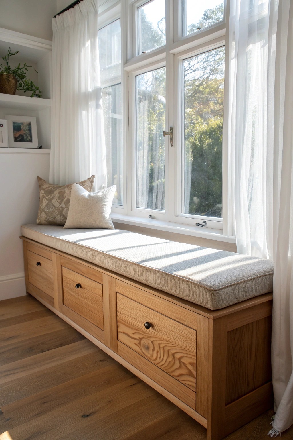 Elegant built-in storage transforms your bay window into a serene, clutter-free retreat.