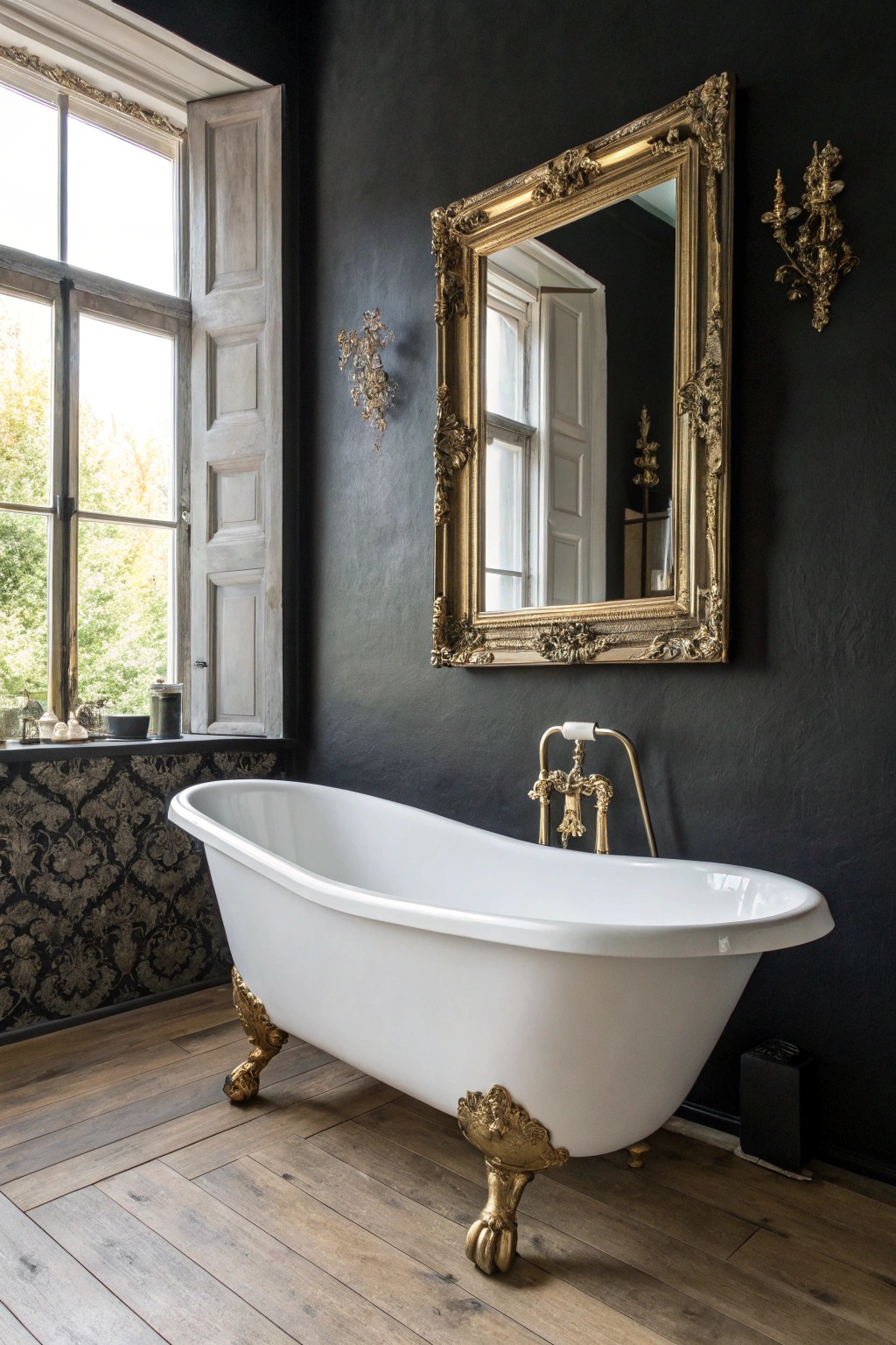 Classic clawfoot elegance: Black walls meet vintage brass for timeless bathroom beauty.