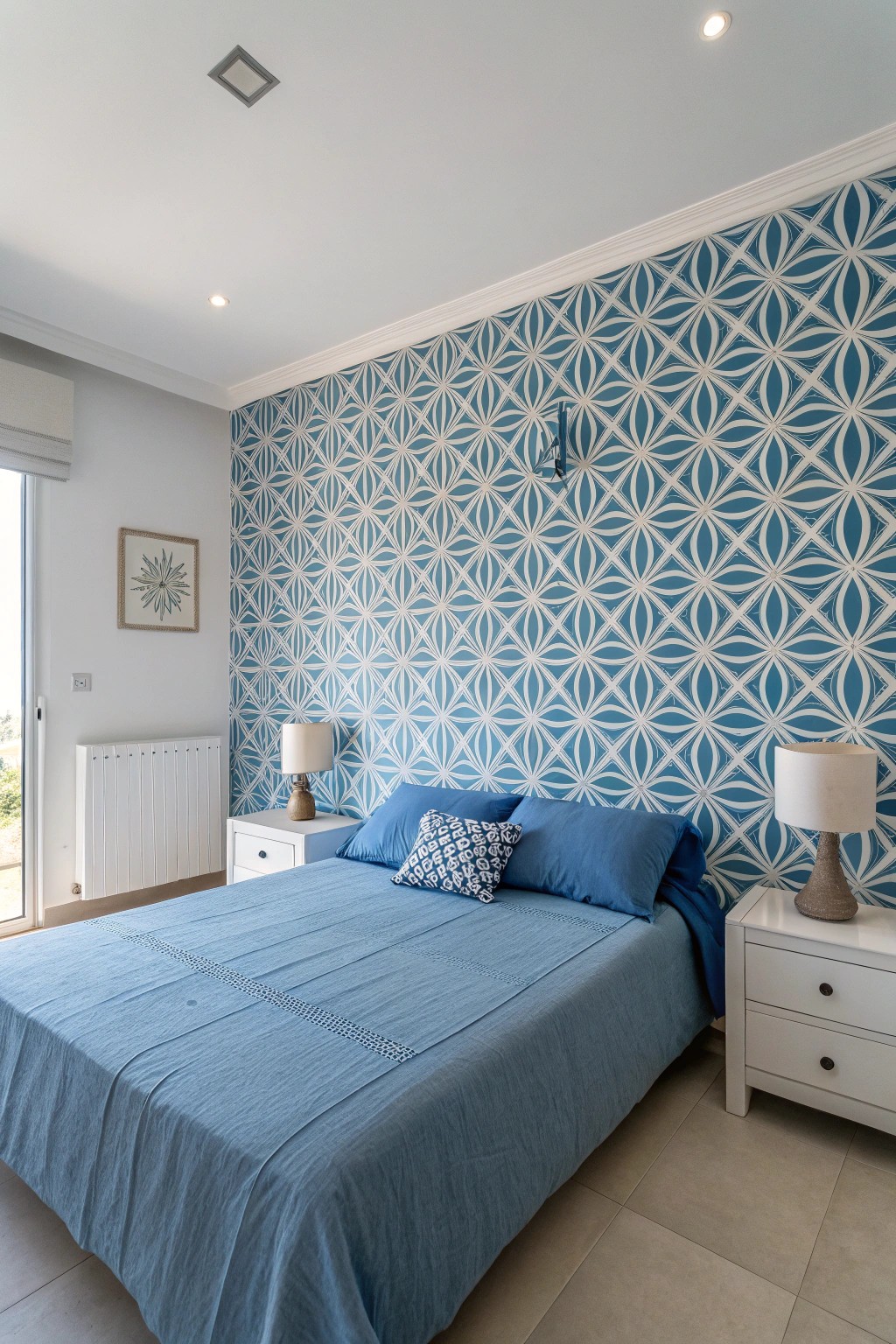 Blue patterned walls introduce graphic interest and movement.