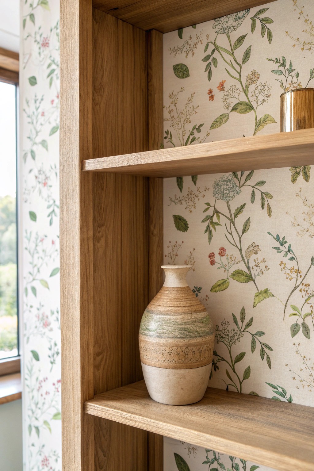 Elevate your shelves with a touch of patterned backdrop and artisan charm.