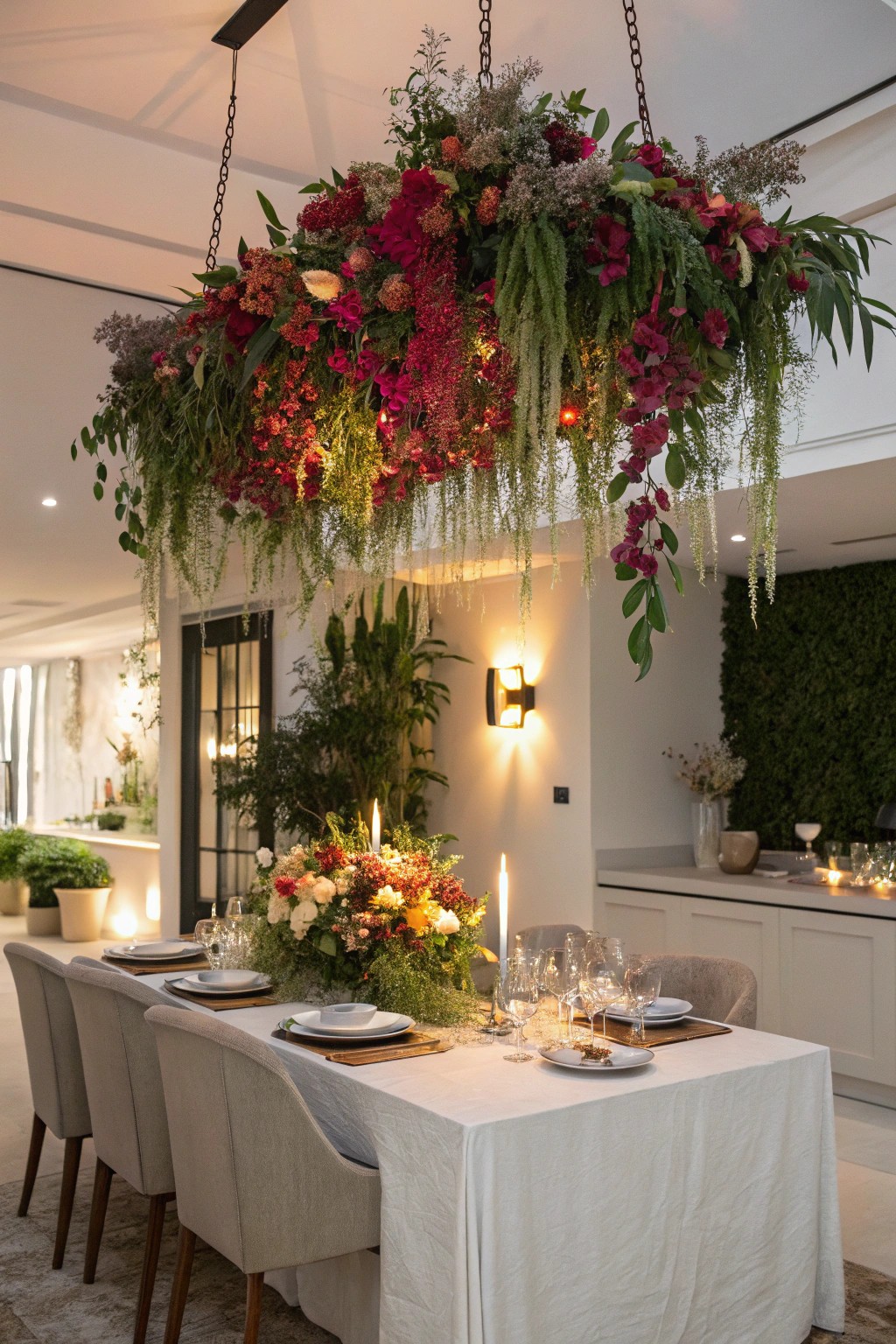 A hanging floral installation creates an unforgettable, magical dining experience.