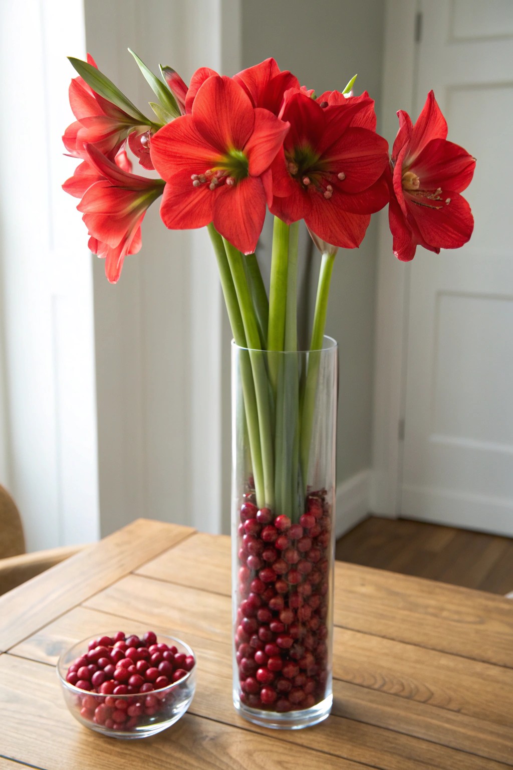 Bold amaryllis and cranberries: a simple, stunning holiday centerpiece.