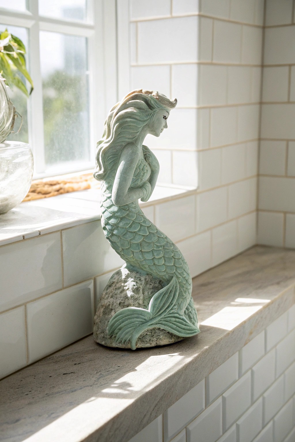 A handcrafted mermaid sculpture brings whimsical coastal charm to a serene bathroom space.