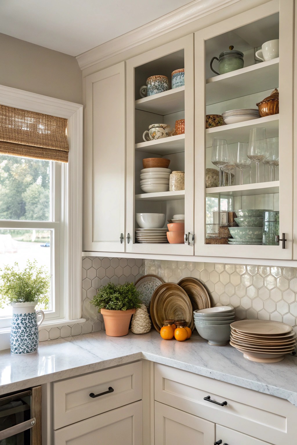 Floating doorless cabinets bring openness and simplicity to kitchen corners.